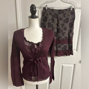 Nanette Lapore 3 Piece Wine Crochet Skirt Set NWOT